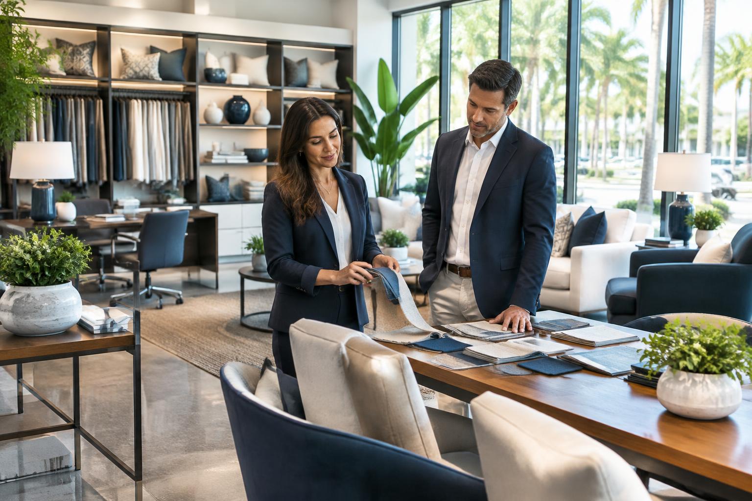 Business owners reviewing samples in a bright furnishing showroom