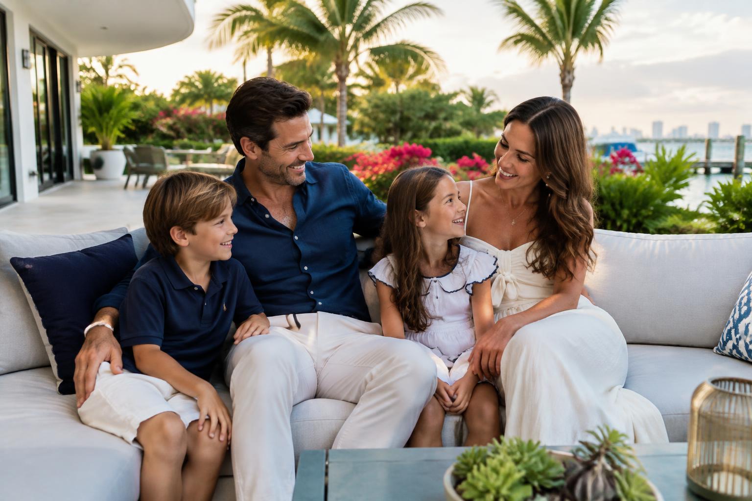 Parents and children spending time together on a Miami residential terrace