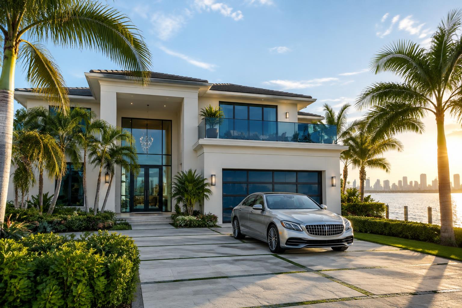 Contemporary South Florida home with a silver vehicle in the driveway